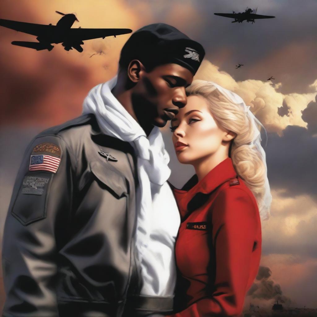 Create an image of a black American male pilot wearing a USA pilot uniform who is wounded, and a Russian blonde village girl wearing a white long gown and a red scarf on her neck in an intimate embrace