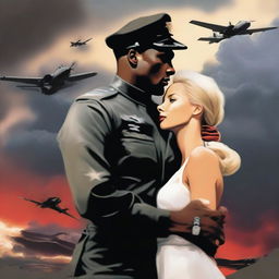 Create an image of a black American male pilot wearing a USA pilot uniform who is wounded, and a Russian blonde village girl wearing a white long gown and a red scarf on her neck in an intimate embrace