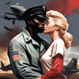 Create an image of a black American male pilot wearing a USA pilot uniform who is wounded, and a Russian blonde village girl wearing a white long gown and a red scarf on her neck in an intimate embrace