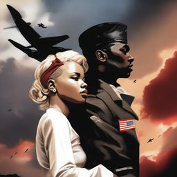 Create an image of a black American male pilot wearing a USA pilot uniform who is wounded, and a Russian blonde village girl wearing a white long gown and a red scarf on her neck in an intimate embrace