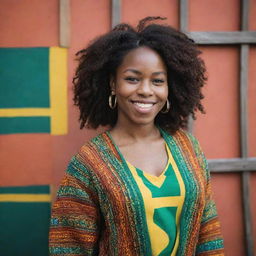 A 29-year old Jamaican-Canadian woman, exuding warmth and confidence, embracing her cultural heritage with a vibrant style reflecting her unique background