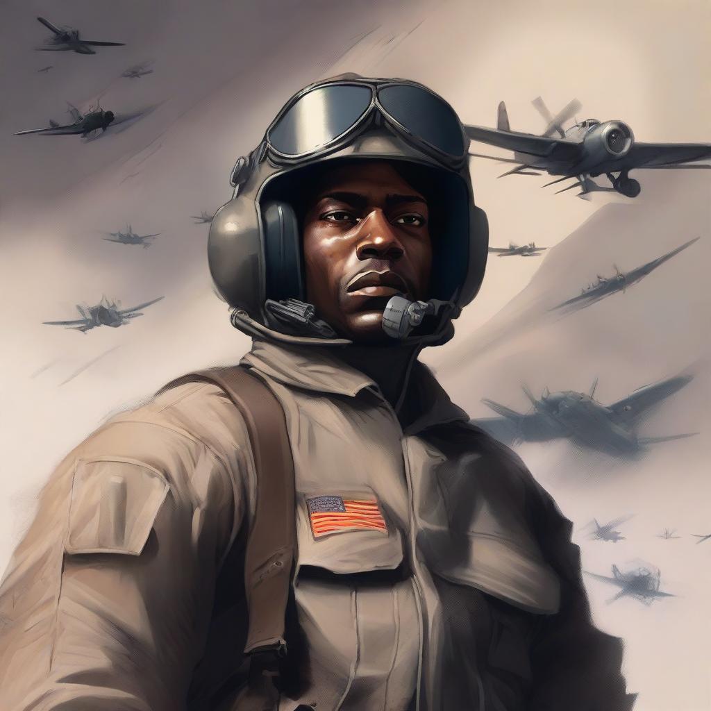 A detailed illustration of a wounded Black American pilot