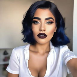 A tan girl with very dark blue hair, wearing full face Latina makeup with a bold lip combo