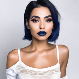 A realistic depiction of a tan girl with dark blue hair, wearing full face Latina makeup with a bold lip combo