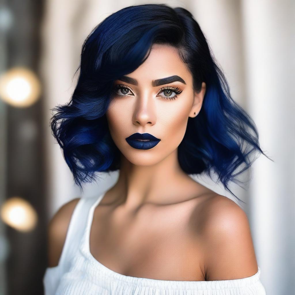 A realistic depiction of a tan girl with dark blue hair, wearing full face Latina makeup with a bold lip combo