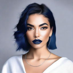 A realistic depiction of a tan girl with dark blue hair, wearing full face Latina makeup with a bold lip combo