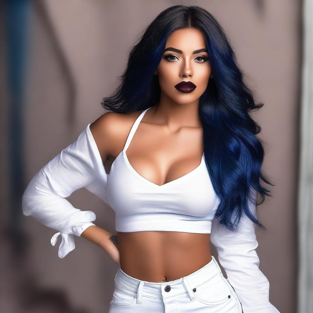 A realistic depiction of a Latina tan girl with long, very dark blue hair, wearing full face Latina makeup with a bold lip combo