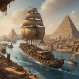 A steampunk-inspired depiction of Sudan, showcasing the Nile River with steampunk vessels, sun-bleached pyramids meshing with intricate gears, and Khartoum transformed by incredible mechanical marvels.