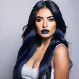 A realistic depiction of a Latina tan girl with long, very dark blue hair, wearing full face Latina makeup with a bold lip combo