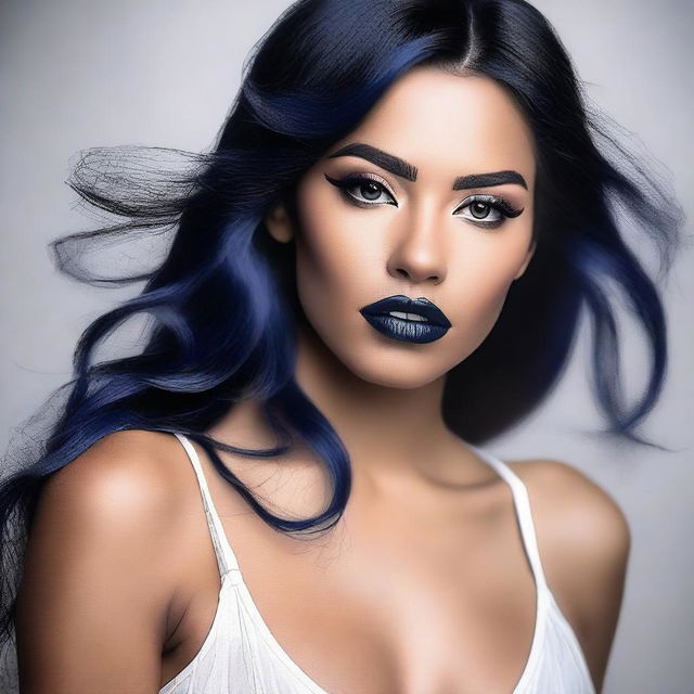 A realistic depiction of a Latina tan girl with long, very dark blue hair, wearing full face Latina makeup with a bold lip combo