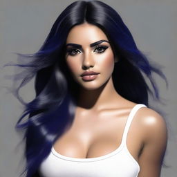 A realistic depiction of a thick Latina tan girl with long, very black and dark blue hair