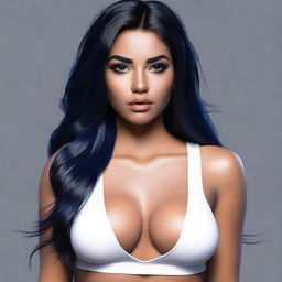 A realistic depiction of a thick Latina tan girl with long, very black and dark blue hair