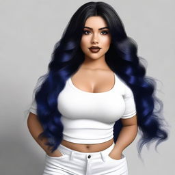 A realistic depiction of a thick Latina tan girl with long, very black and dark blue hair