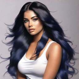 A realistic depiction of a thick Latina tan girl with long, very black and dark blue hair