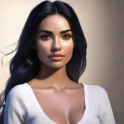 A realistic portrait of a Latina girl with a tan complexion and long, very black and dark blue hair