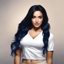 A realistic portrait of a Latina girl with a tan complexion and long, very black and dark blue hair