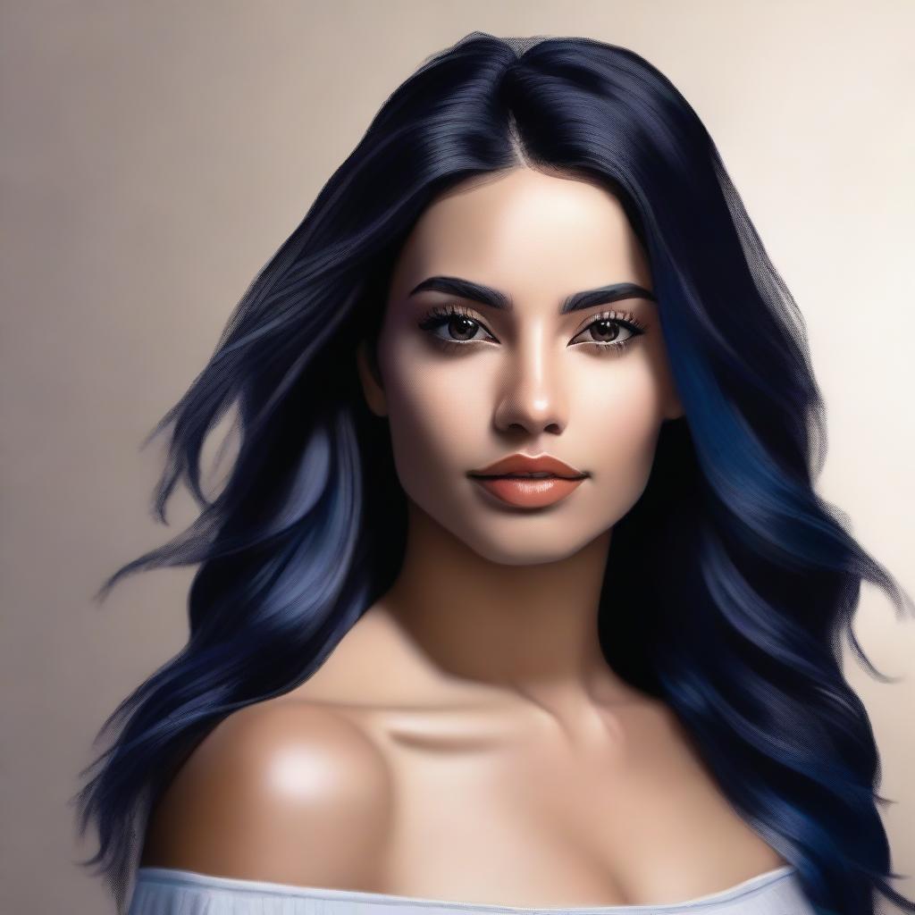 A realistic portrait of a Latina girl with a tan complexion and long, very black and dark blue hair