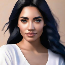 A realistic portrait of a Latina girl with a tan complexion and long, very black and dark blue hair