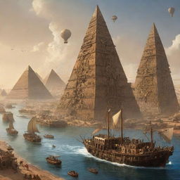 A steampunk-inspired depiction of Sudan, showcasing the Nile River with steampunk vessels, sun-bleached pyramids meshing with intricate gears, and Khartoum transformed by incredible mechanical marvels.