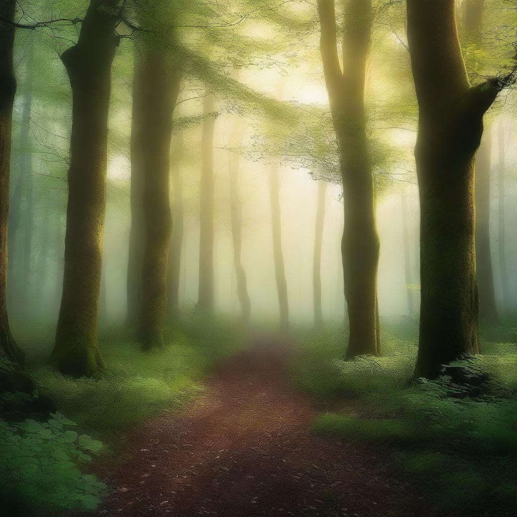 A captivating book cover featuring a mysterious forest with towering trees and a hidden path