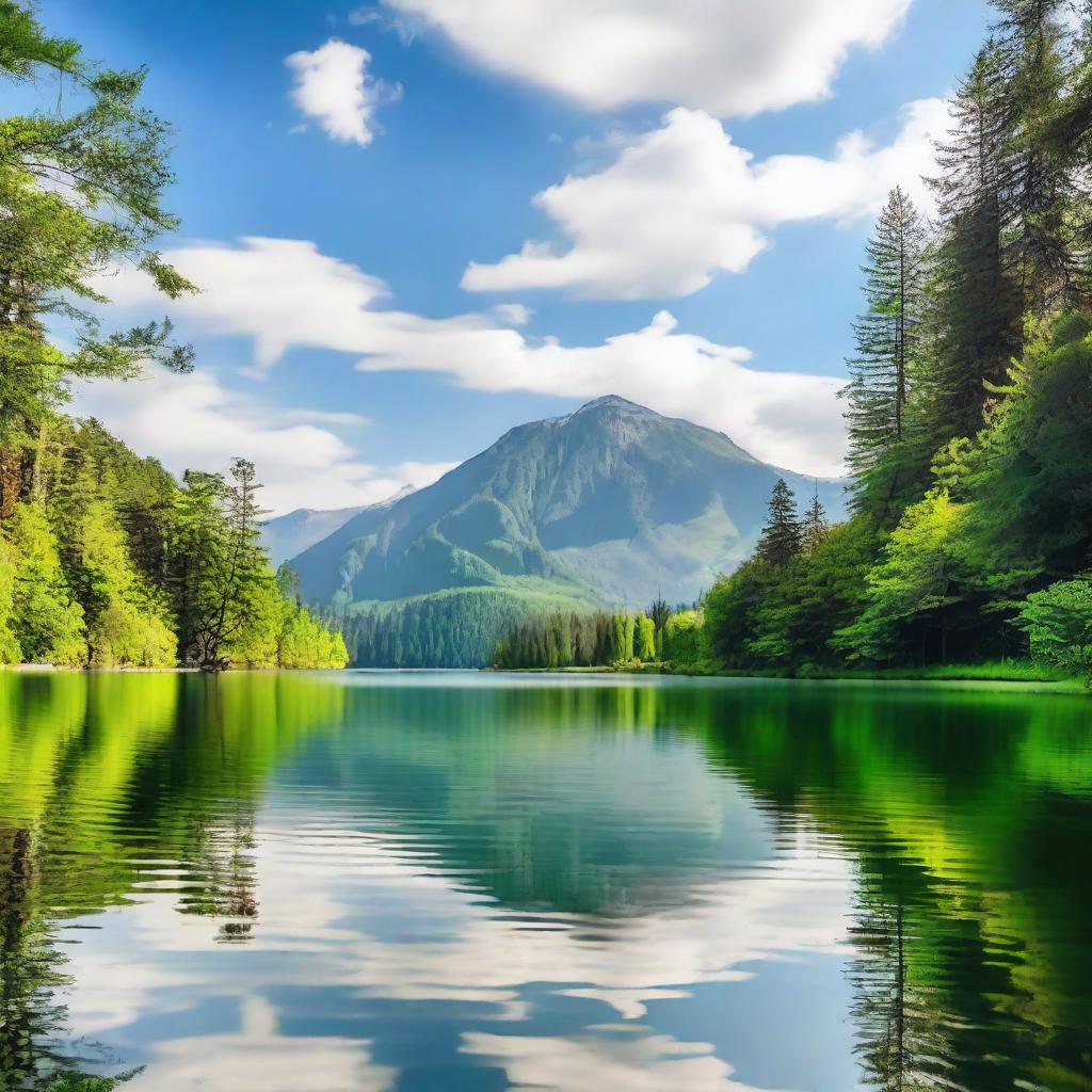 A serene landscape featuring a calm lake surrounded by lush greenery and mountains in the background