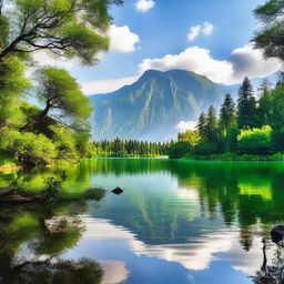 A serene landscape featuring a calm lake surrounded by lush greenery and mountains in the background