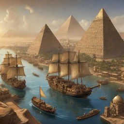 A steampunk-inspired depiction of Sudan, showcasing the Nile River with steampunk vessels, sun-bleached pyramids meshing with intricate gears, and Khartoum transformed by incredible mechanical marvels.