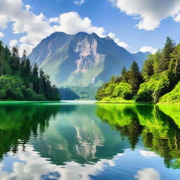 A serene landscape featuring a calm lake surrounded by lush greenery and mountains in the background