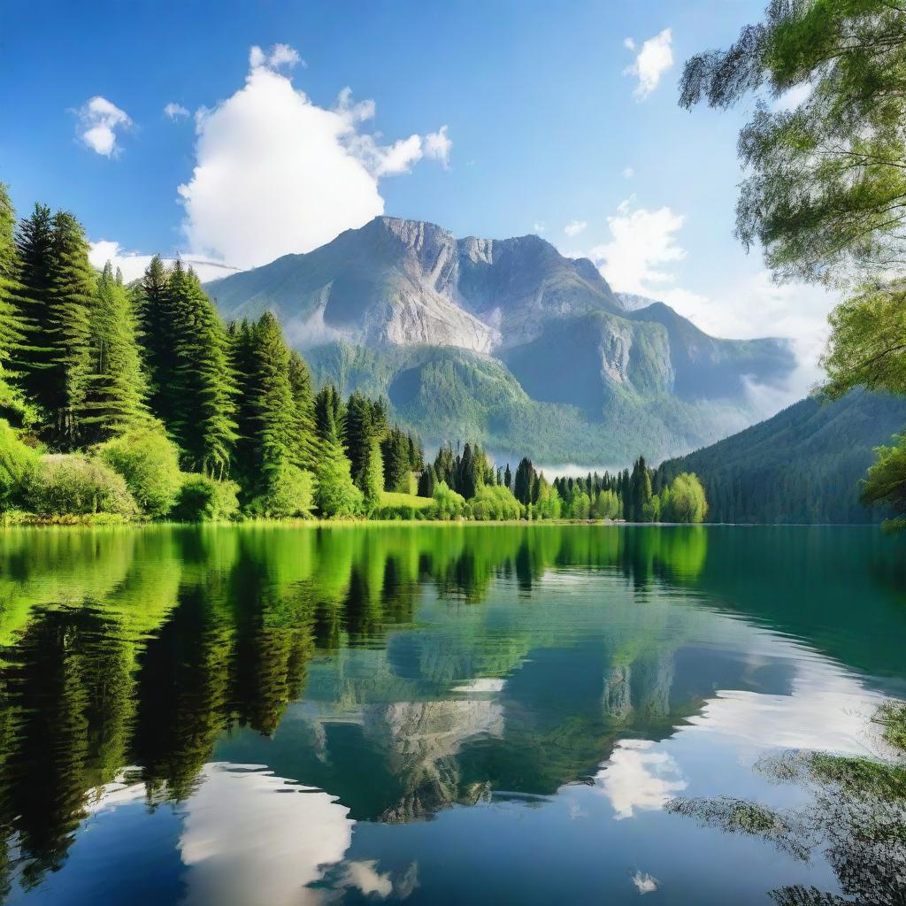 A serene landscape featuring a calm lake surrounded by lush greenery and mountains in the background