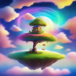 A surreal scene featuring a floating island in the sky, with a small house and a tree on it