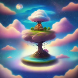 A surreal scene featuring a floating island in the sky, with a small house and a tree on it