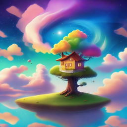 A surreal scene featuring a floating island in the sky, with a small house and a tree on it