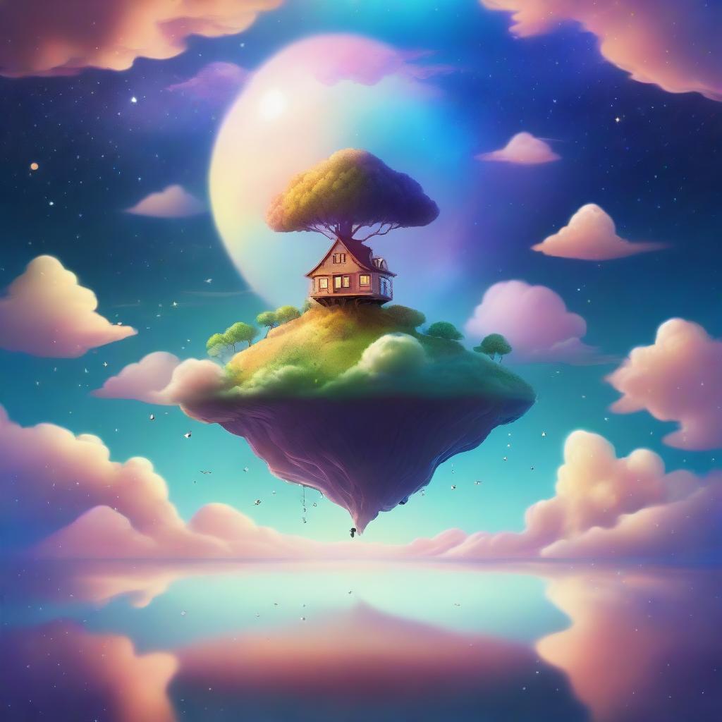 A surreal scene featuring a floating island in the sky, with a small house and a tree on it