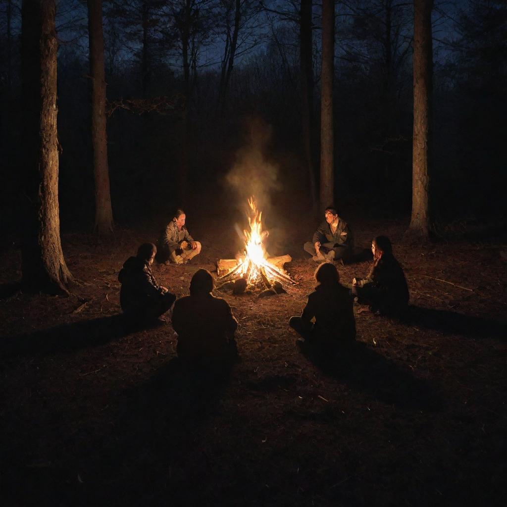 Four individuals sitting around a bonfire in a dense forest at night; in the center, a large pentagram, subtly illuminated by the firelight.