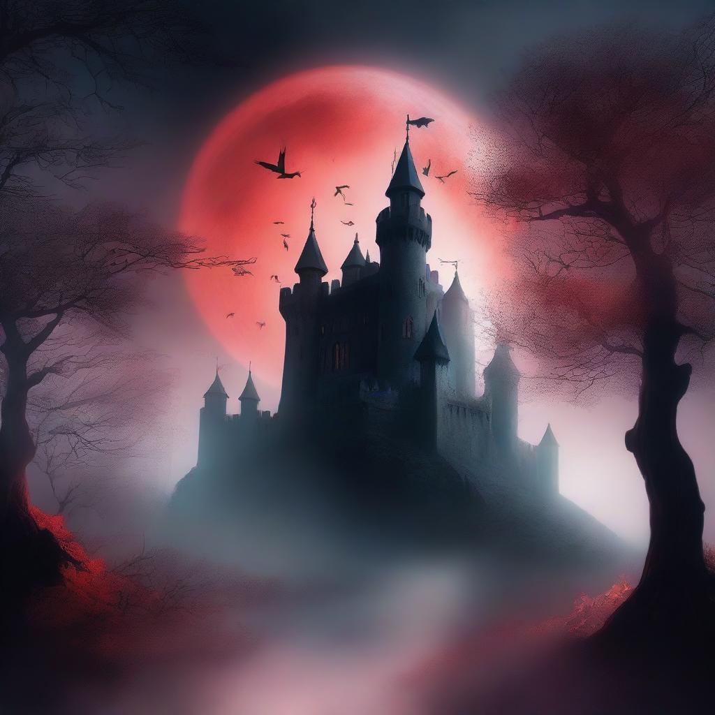 A mystical, dark fantasy scene featuring an ancient castle shrouded in fog, with ethereal shadows lurking among the trees and a glowing blood-red moon in the sky