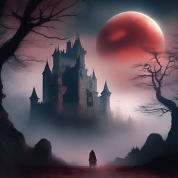 A mystical, dark fantasy scene featuring an ancient castle shrouded in fog, with ethereal shadows lurking among the trees and a glowing blood-red moon in the sky