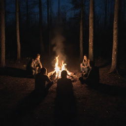 Four individuals sitting around a bonfire in a dense forest at night; in the center, a large pentagram, subtly illuminated by the firelight.