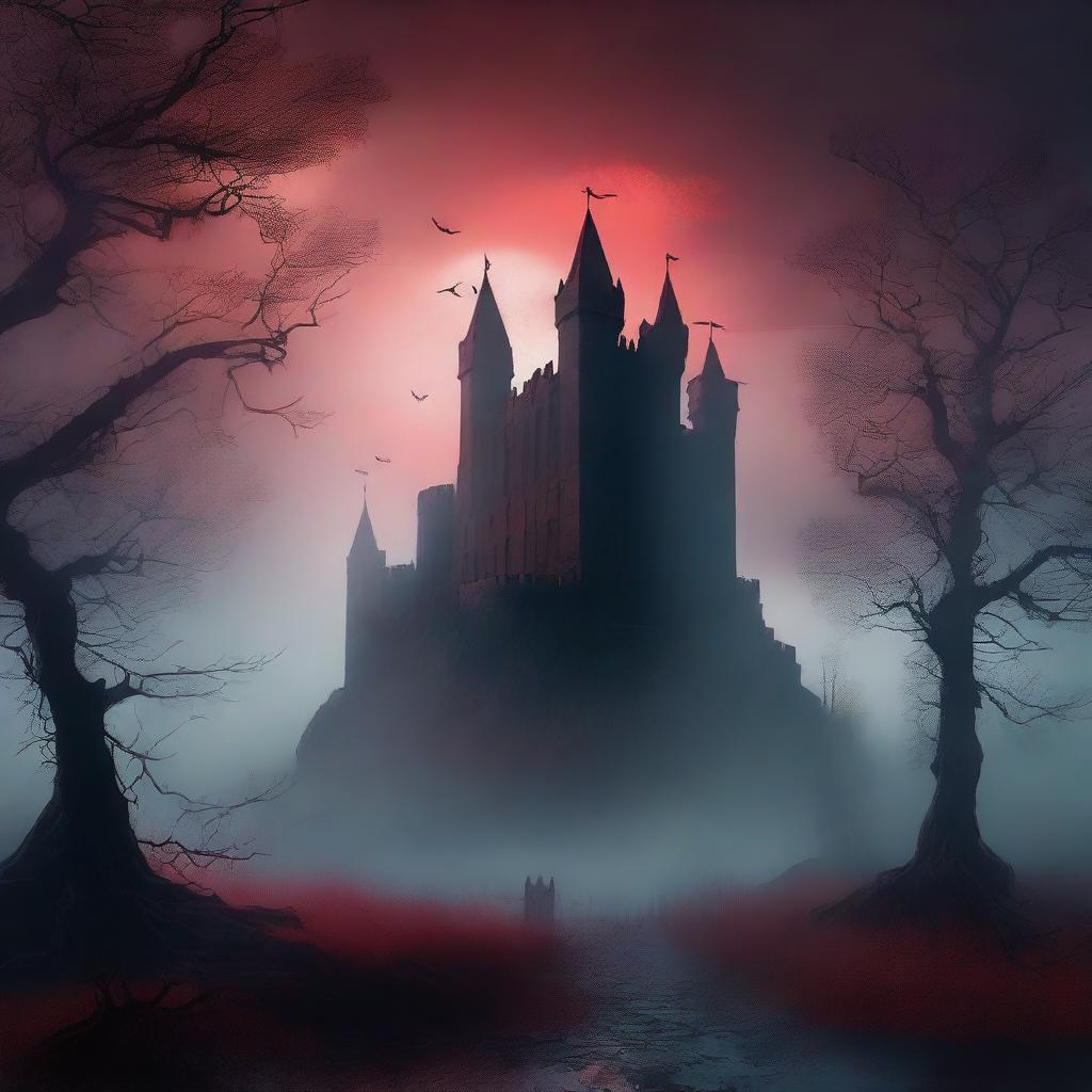 A mystical, dark fantasy scene featuring an ancient castle shrouded in fog, with ethereal shadows lurking among the trees and a glowing blood-red moon in the sky