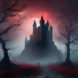 A mystical, dark fantasy scene featuring an ancient castle shrouded in fog, with ethereal shadows lurking among the trees and a glowing blood-red moon in the sky