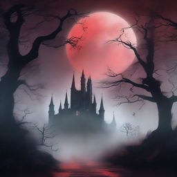 A mystical, dark fantasy scene featuring an ancient castle shrouded in fog, with ethereal shadows lurking among the trees and a glowing blood-red moon in the sky