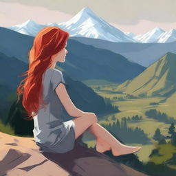 Create an image of a girl with red hair sitting on top of a mountain, overlooking a valley with mountain ranges in the background