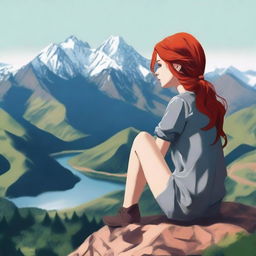 Create an image of a girl with red hair sitting on top of a mountain, overlooking a valley with mountain ranges in the background