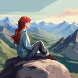 Create an image of a girl with red hair sitting on top of a mountain, overlooking a valley with mountain ranges in the background