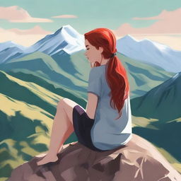 Create an image of a girl with red hair sitting on top of a mountain, overlooking a valley with mountain ranges in the background