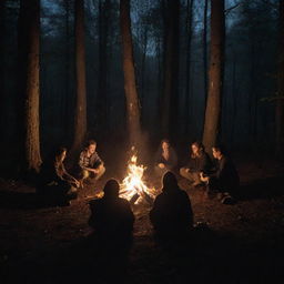 Four individuals sitting around a bonfire in a dense forest at night; in the center, a large pentagram, subtly illuminated by the firelight.