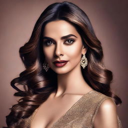 A glamorous and elegant portrait of Deepika Padukone, showcasing her beauty and charm