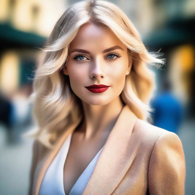 A beautiful blonde woman with striking features, wearing a stylish outfit