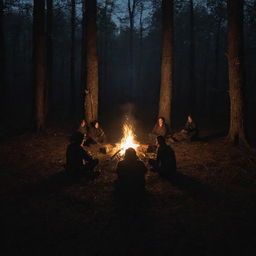 Four individuals sitting around a bonfire in a dense forest at night; in the center, a large pentagram, subtly illuminated by the firelight.