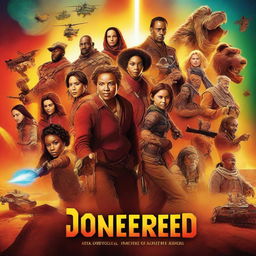 A dynamic and thrilling movie poster featuring a diverse cast of characters in an epic adventure