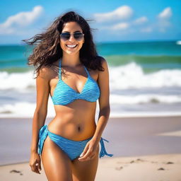 A vibrant and confident Latina girl wearing a stylish bikini, enjoying a sunny day at the beach